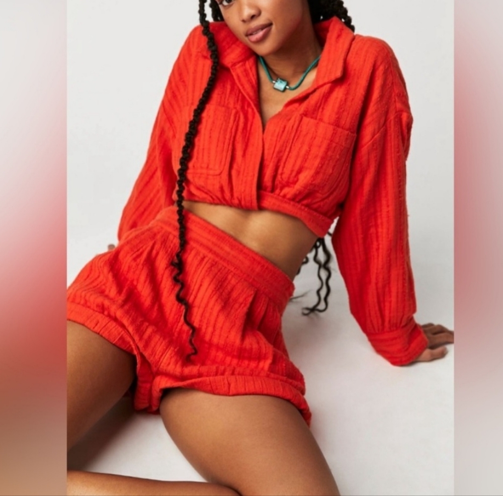 Free People Gauze Shorts And Crop Long Sleeve Top Two-Piece Set Size Small - Picture 3 of 11